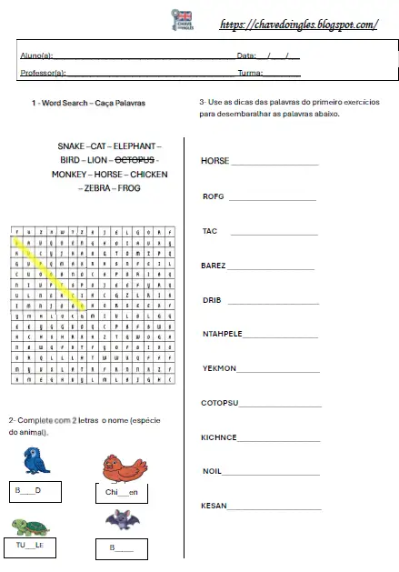 Plano de aula com caça-palavras de animais em inglês