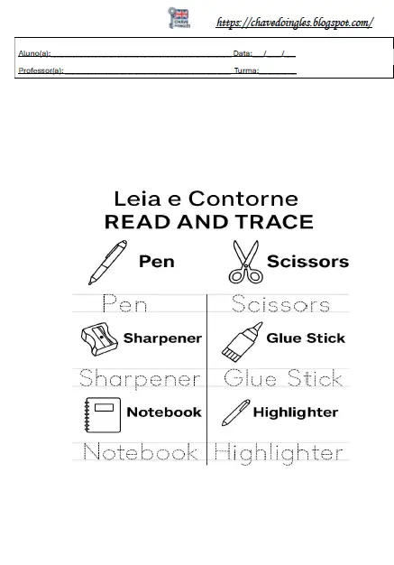 Plano de aula com material escolar em inglês