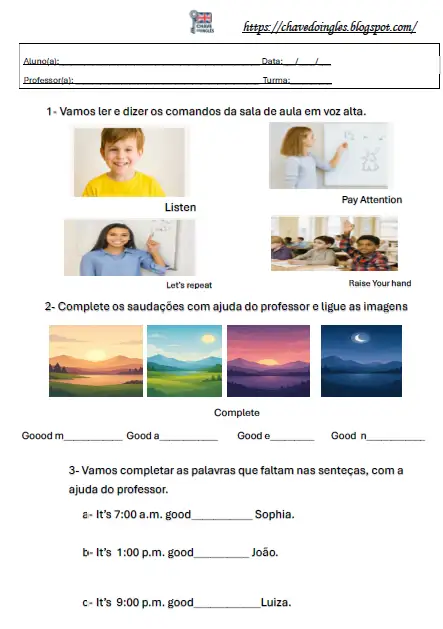 Plano de aula com saudações e comandos em inglês