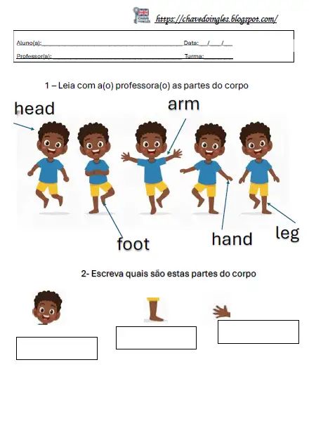 Plano de aula com partes do corpo em inglês