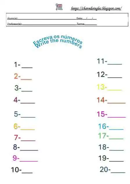 Plano de aula com números de 1 a 20 em inglês