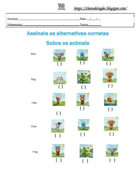 Plano de aula para escolher o nome correto dos animais em inglês