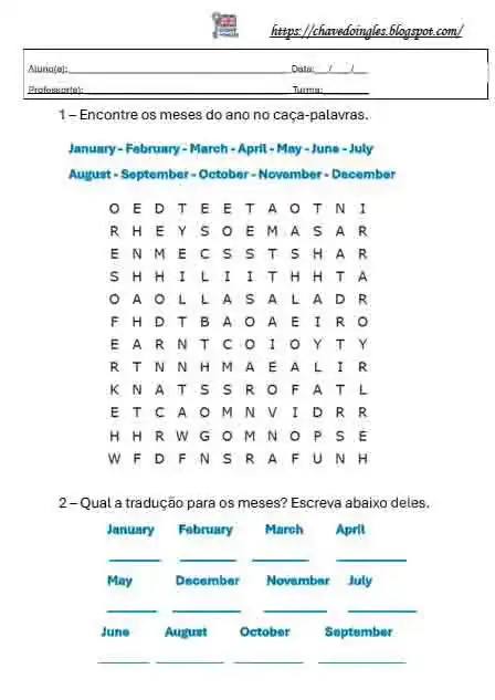 Plano de aula com caça-palavras dos meses do ano em inglês