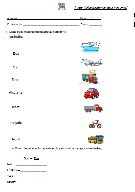 Atividade de inglês para 1º ano