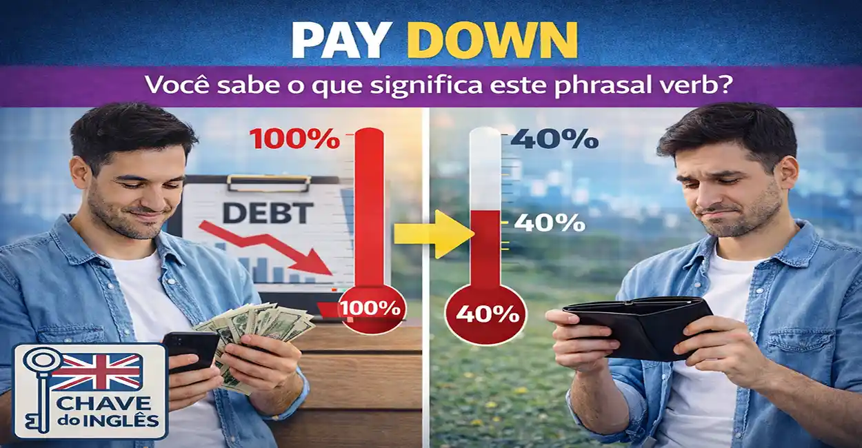 Ilustração de dinheiro e gráfico de dívida diminuindo, representando o phrasal verb pay down