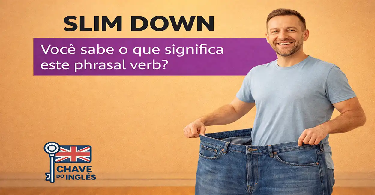 Ilustração de uma pessoa em uma fita métrica e ao lado um gráfico de orçamento reduzido, representando o phrasal verb slim down