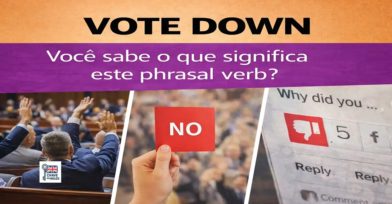 Mãos votando em uma assembleia com placas de 'não', representando o phrasal verb vote down